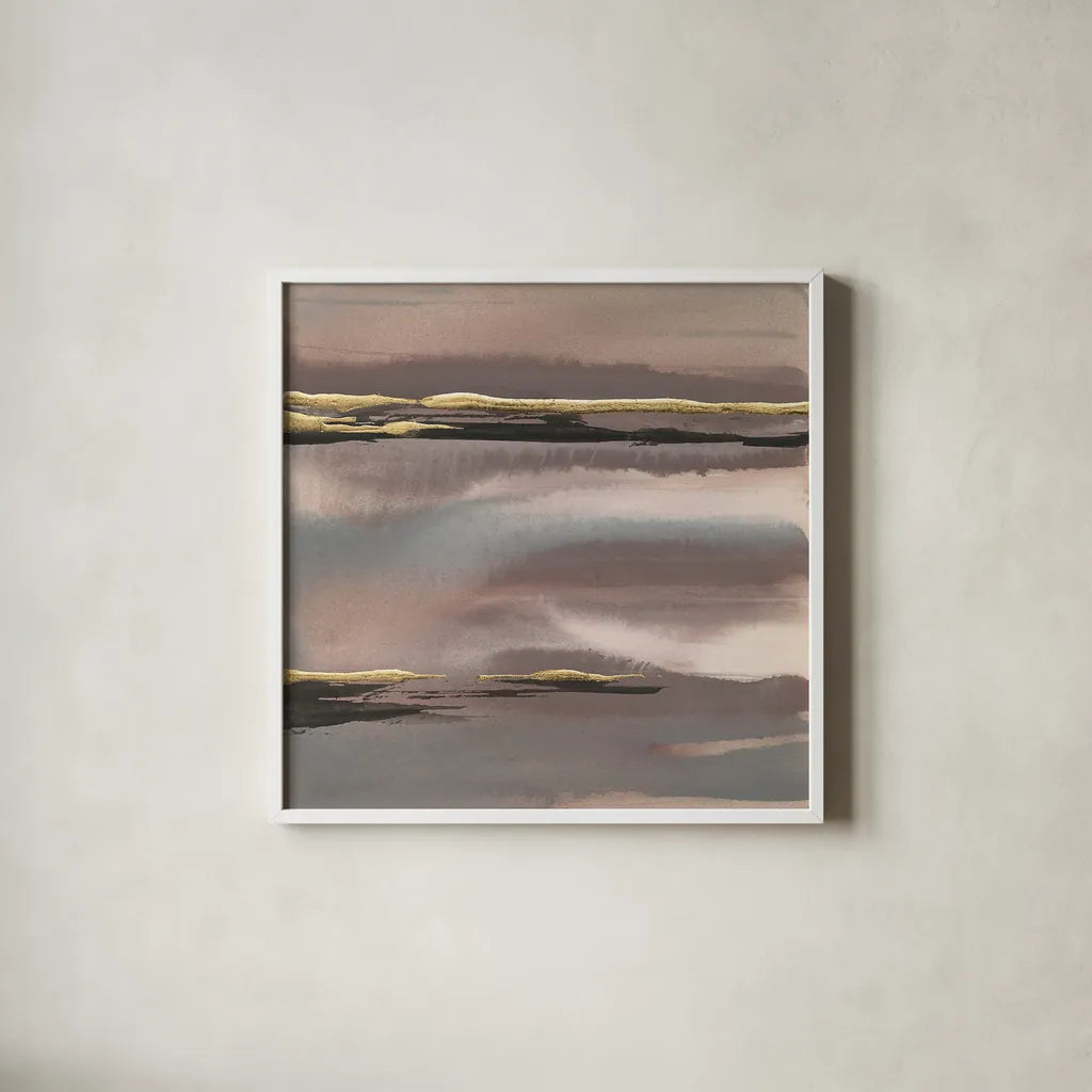 Gilded Morning Fog I by Chris Paschke. Shown in a crisp white glass frame for a clean and minimalist style. Available as an archival giclee rolled canvas, fine art paper, or poster print. SKU 26744a.