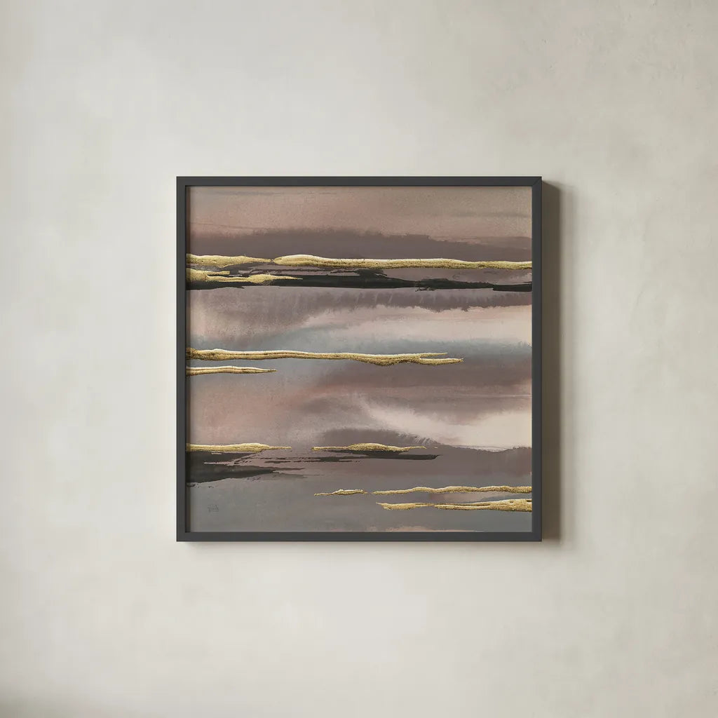 Gilded Morning Fog I Gold by Chris Paschke. Shown in a sleek black glass frame for a contemporary gallery look. Available as an archival giclee rolled canvas, fine art paper, or poster print. SKU 27428a.
