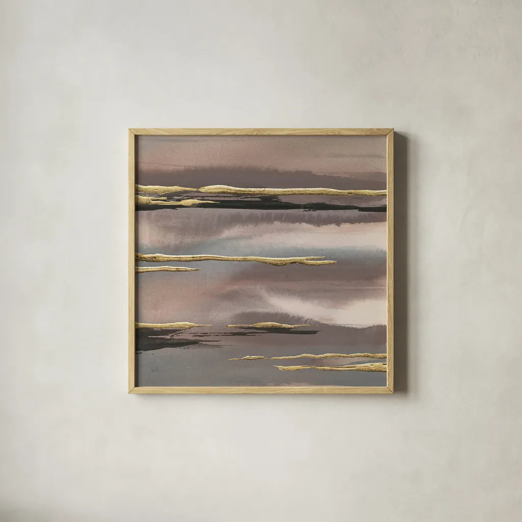 Gilded Morning Fog I Gold by Chris Paschke. Shown in a natural wood glass frame for a timeless modern aesthetic. Available as an archival giclee rolled canvas, fine art paper, or poster print. SKU 27428a.