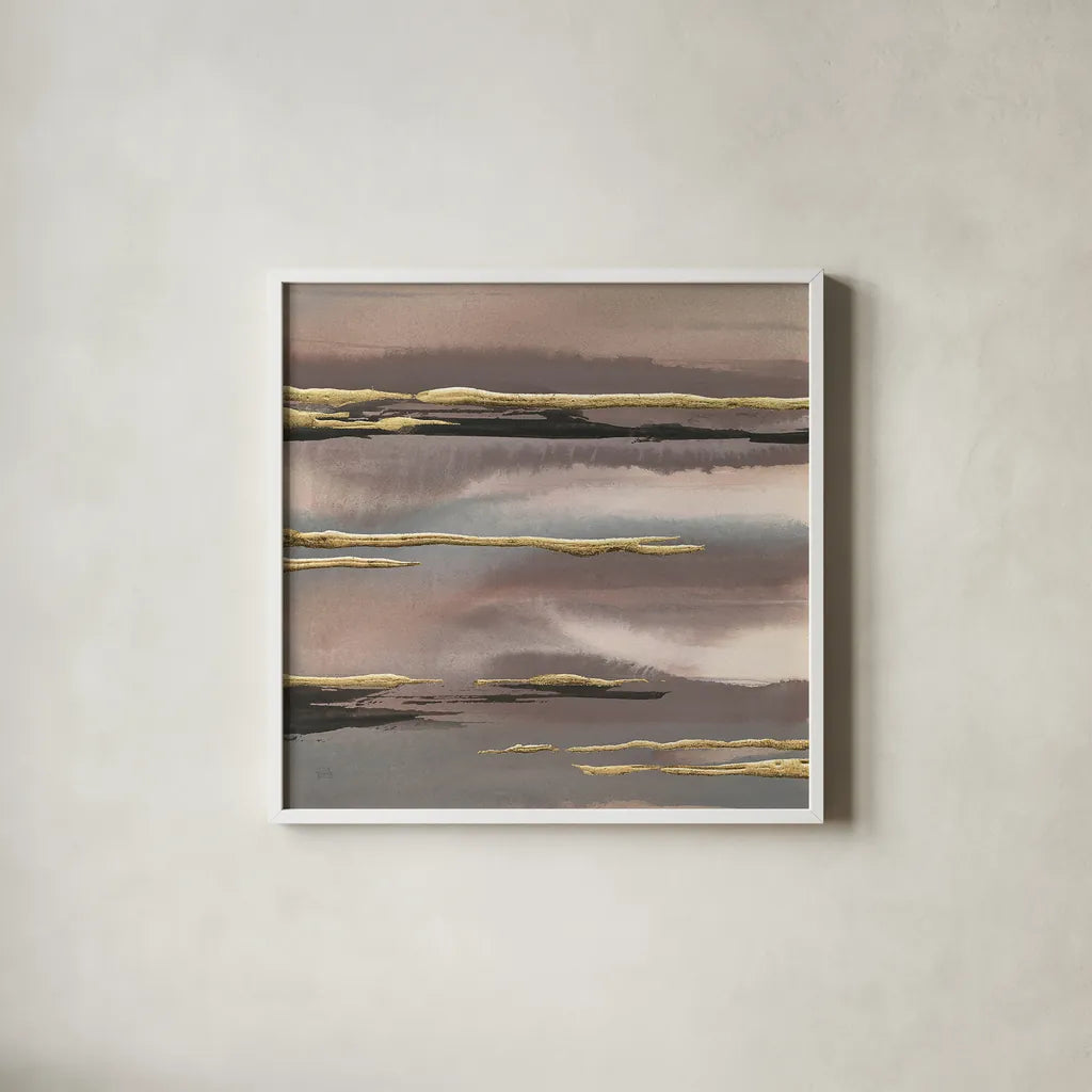 Gilded Morning Fog I Gold by Chris Paschke. Shown in a crisp white glass frame for a clean and minimalist style. Available as an archival giclee rolled canvas, fine art paper, or poster print. SKU 27428a.