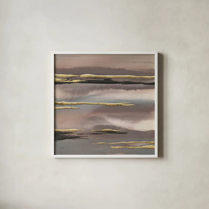 Gilded Morning Fog I Gold by Chris Paschke. Shown in a crisp white glass frame for a clean and minimalist style. Available as an archival giclee rolled canvas, fine art paper, or poster print. SKU 27428a.