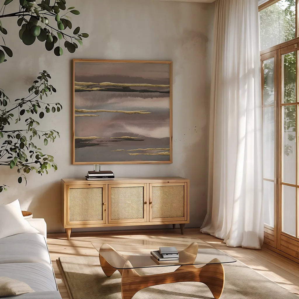 Gilded Morning Fog I Gold by Chris Paschke. Shown in a natural wood frame in a cozy modern living room. Available as an archival giclee rolled canvas, fine art paper, or poster print. SKU 27428a.