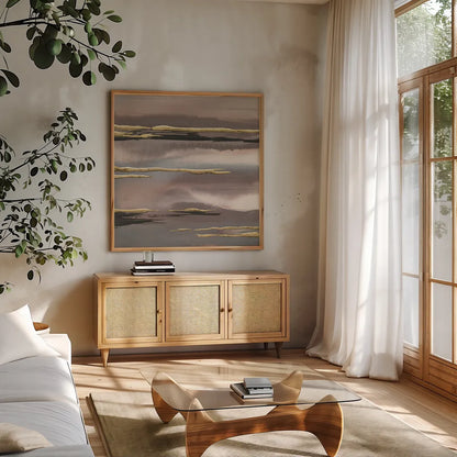 Gilded Morning Fog I Gold by Chris Paschke. Shown in a natural wood frame in a cozy modern living room. Available as an archival giclee rolled canvas, fine art paper, or poster print. SKU 27428a.