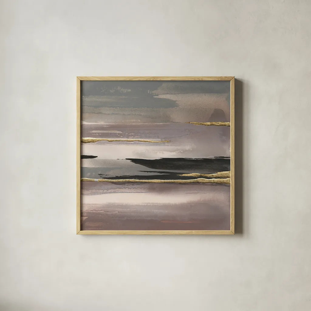 Gilded Morning Fog II by Chris Paschke. Shown in a natural wood glass frame for a timeless modern aesthetic. Available as an archival giclee rolled canvas, fine art paper, or poster print. SKU 26745a.