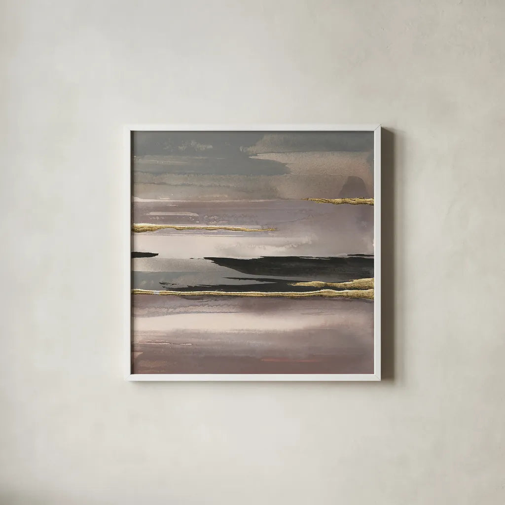 Gilded Morning Fog II by Chris Paschke. Shown in a crisp white glass frame for a clean and minimalist style. Available as an archival giclee rolled canvas, fine art paper, or poster print. SKU 26745a.