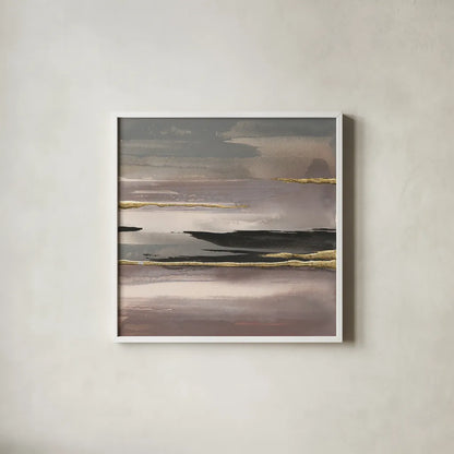 Gilded Morning Fog II by Chris Paschke. Shown in a crisp white glass frame for a clean and minimalist style. Available as an archival giclee rolled canvas, fine art paper, or poster print. SKU 26745a.