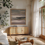 Gilded Morning Fog II by Chris Paschke. Shown in a natural wood frame in a cozy modern living room. Available as an archival giclee rolled canvas, fine art paper, or poster print. SKU 26745a.