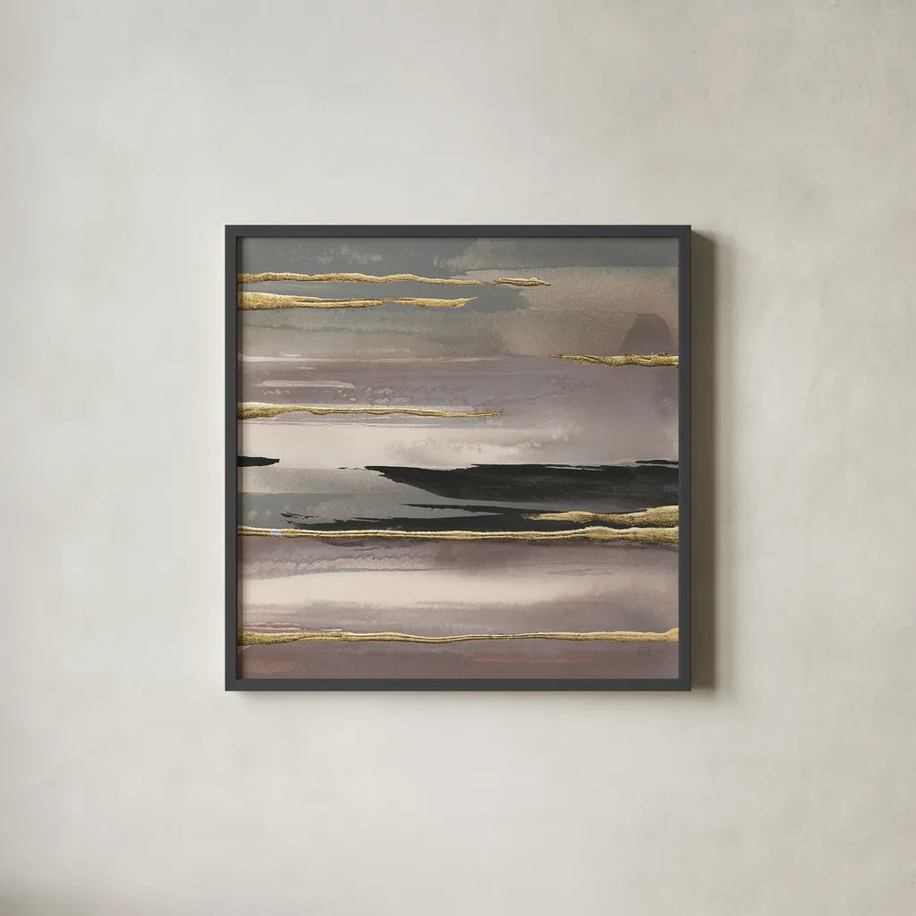 Gilded Morning Fog II Gold by Chris Paschke. Shown in a sleek black glass frame for a contemporary gallery look. Available as an archival giclee rolled canvas, fine art paper, or poster print. SKU 27429a.