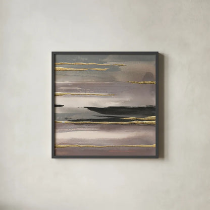 Gilded Morning Fog II Gold by Chris Paschke. Shown in a sleek black glass frame for a contemporary gallery look. Available as an archival giclee rolled canvas, fine art paper, or poster print. SKU 27429a.
