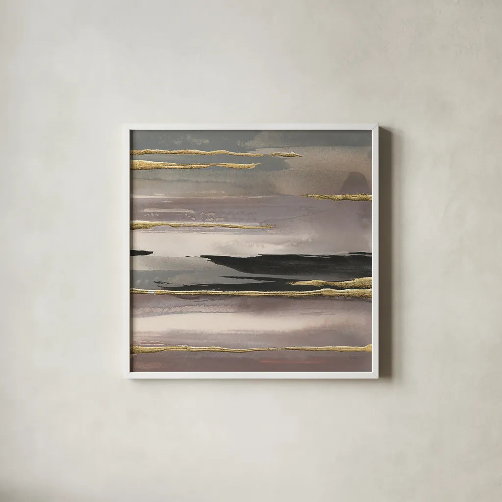Gilded Morning Fog II Gold by Chris Paschke. Shown in a crisp white glass frame for a clean and minimalist style. Available as an archival giclee rolled canvas, fine art paper, or poster print. SKU 27429a.