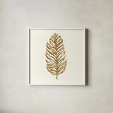 Gilded Palm IV by Chris Paschke. Shown in a crisp white glass frame for a clean and minimalist style. Available as an archival giclee rolled canvas, fine art paper, or poster print. SKU 57202a.