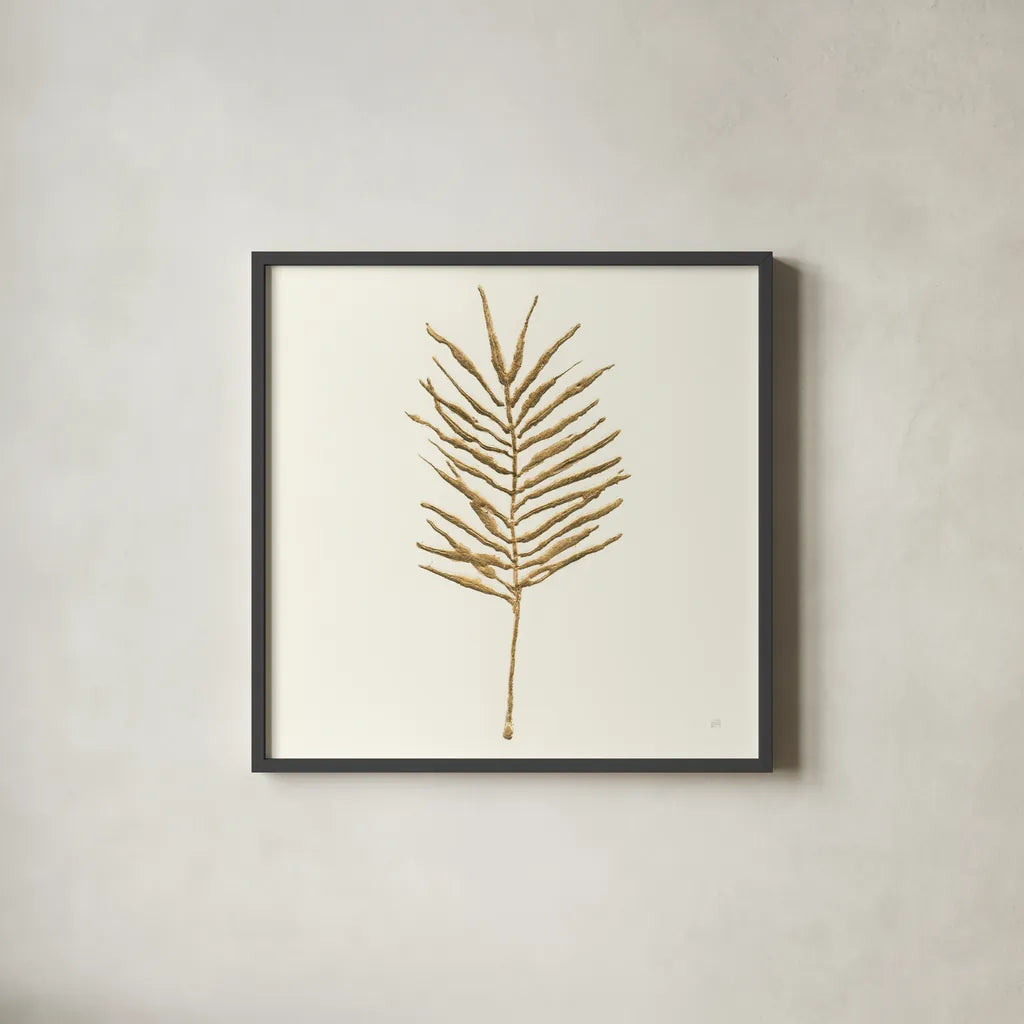 Gilded Palm VI by Chris Paschke. Shown in a sleek black glass frame for a contemporary gallery look. Available as an archival giclee rolled canvas, fine art paper, or poster print. SKU 57204a.
