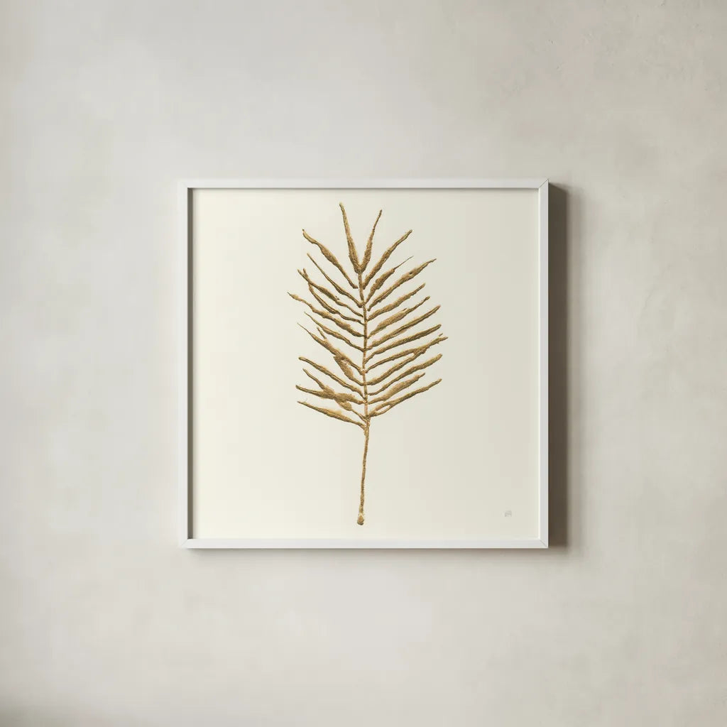 Gilded Palm VI by Chris Paschke. Shown in a crisp white glass frame for a clean and minimalist style. Available as an archival giclee rolled canvas, fine art paper, or poster print. SKU 57204a.
