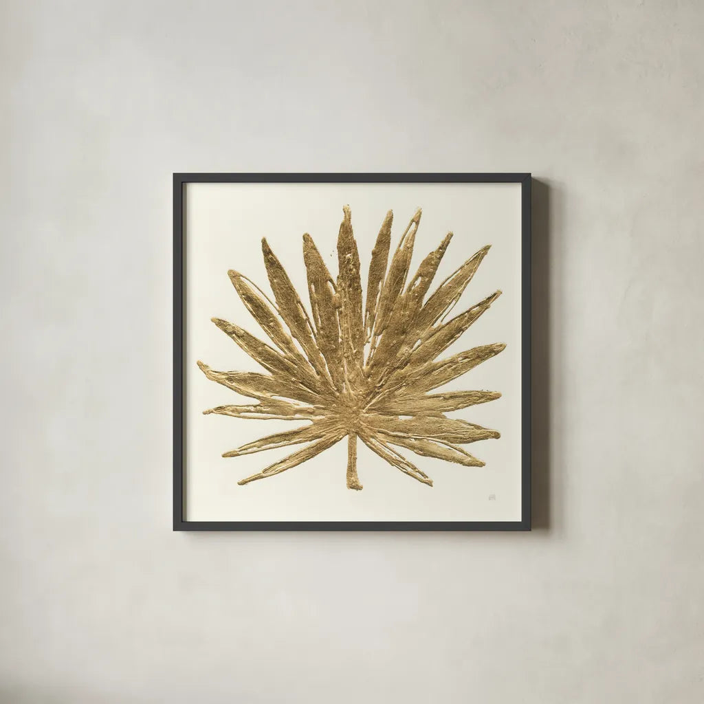 Gilded Palm VIII by Chris Paschke. Shown in a sleek black glass frame for a contemporary gallery look. Available as an archival giclee rolled canvas, fine art paper, or poster print. SKU 57206a.