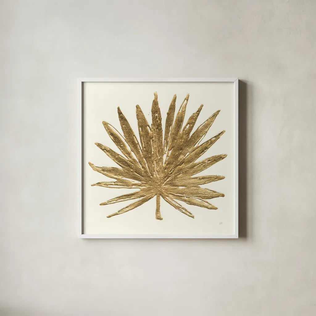 Gilded Palm VIII by Chris Paschke. Shown in a crisp white glass frame for a clean and minimalist style. Available as an archival giclee rolled canvas, fine art paper, or poster print. SKU 57206a.