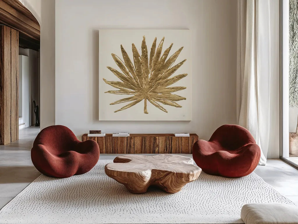 Gilded Palm VIII by Chris Paschke. Shown as extra-large giant wall art in a modern living room. Available as an archival giclee rolled canvas, fine art paper, or poster print. SKU 57206a.