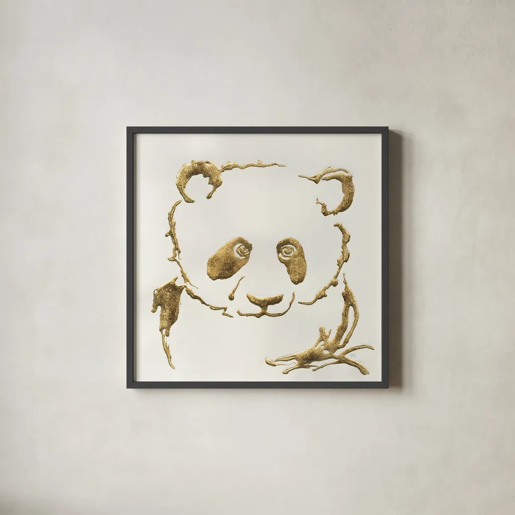 Gilded Panda by Chris Paschke. Shown in a sleek black glass frame for a contemporary gallery look. Available as an archival giclee rolled canvas, fine art paper, or poster print. SKU 31826a.