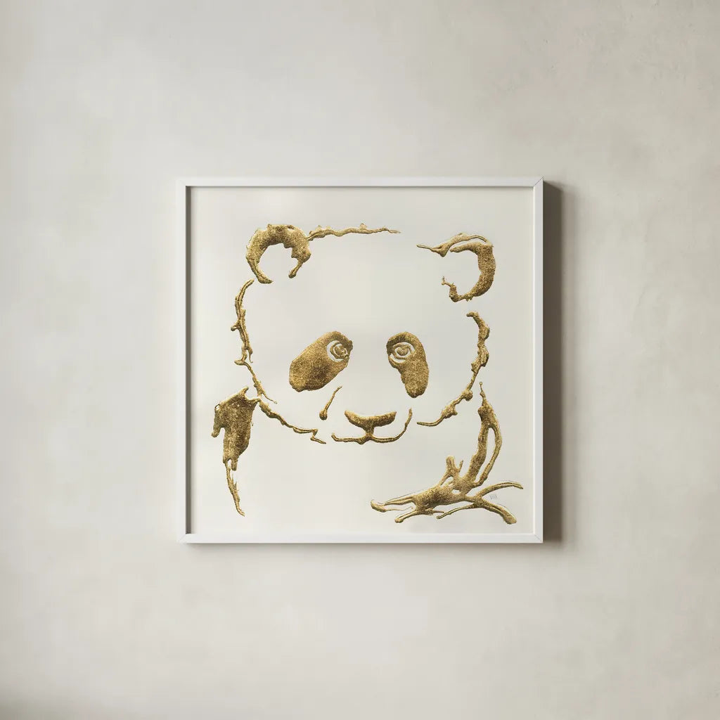 Gilded Panda by Chris Paschke. Shown in a crisp white glass frame for a clean and minimalist style. Available as an archival giclee rolled canvas, fine art paper, or poster print. SKU 31826a.