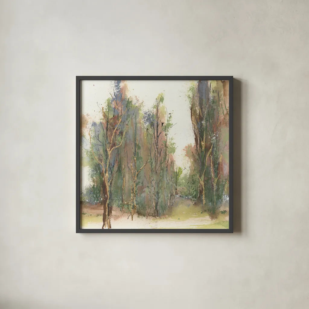 Gilded Path I by Chris Paschke. Shown in a sleek black glass frame for a contemporary gallery look. Available as an archival giclee rolled canvas, fine art paper, or poster print. SKU 90866a.