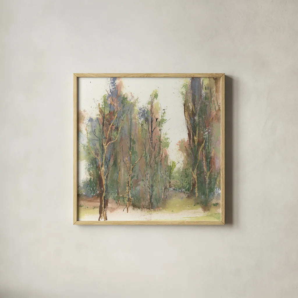 Gilded Path I by Chris Paschke. Shown in a natural wood glass frame for a timeless modern aesthetic. Available as an archival giclee rolled canvas, fine art paper, or poster print. SKU 90866a.