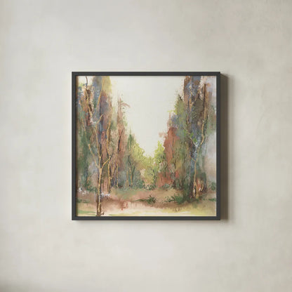 Gilded Path II by Chris Paschke. Shown in a sleek black glass frame for a contemporary gallery look. Available as an archival giclee rolled canvas, fine art paper, or poster print. SKU 90867a.