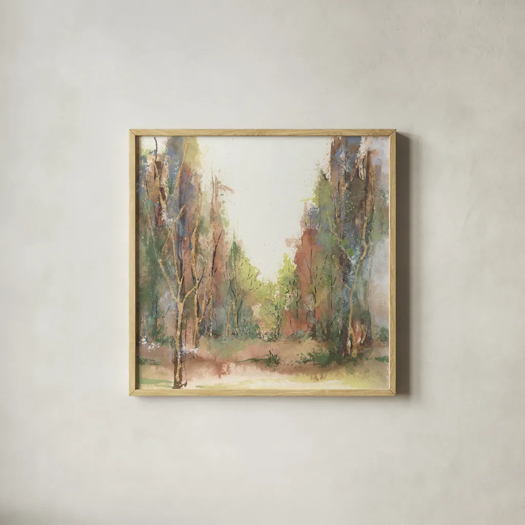 Gilded Path II by Chris Paschke. Shown in a natural wood glass frame for a timeless modern aesthetic. Available as an archival giclee rolled canvas, fine art paper, or poster print. SKU 90867a.