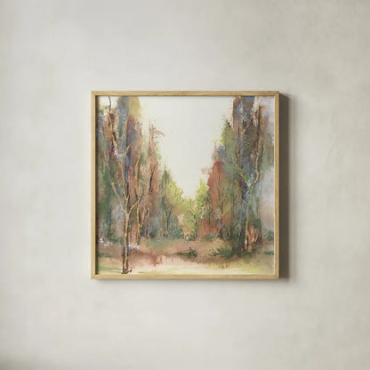 Gilded Path II by Chris Paschke. Shown in a natural wood glass frame for a timeless modern aesthetic. Available as an archival giclee rolled canvas, fine art paper, or poster print. SKU 90867a.