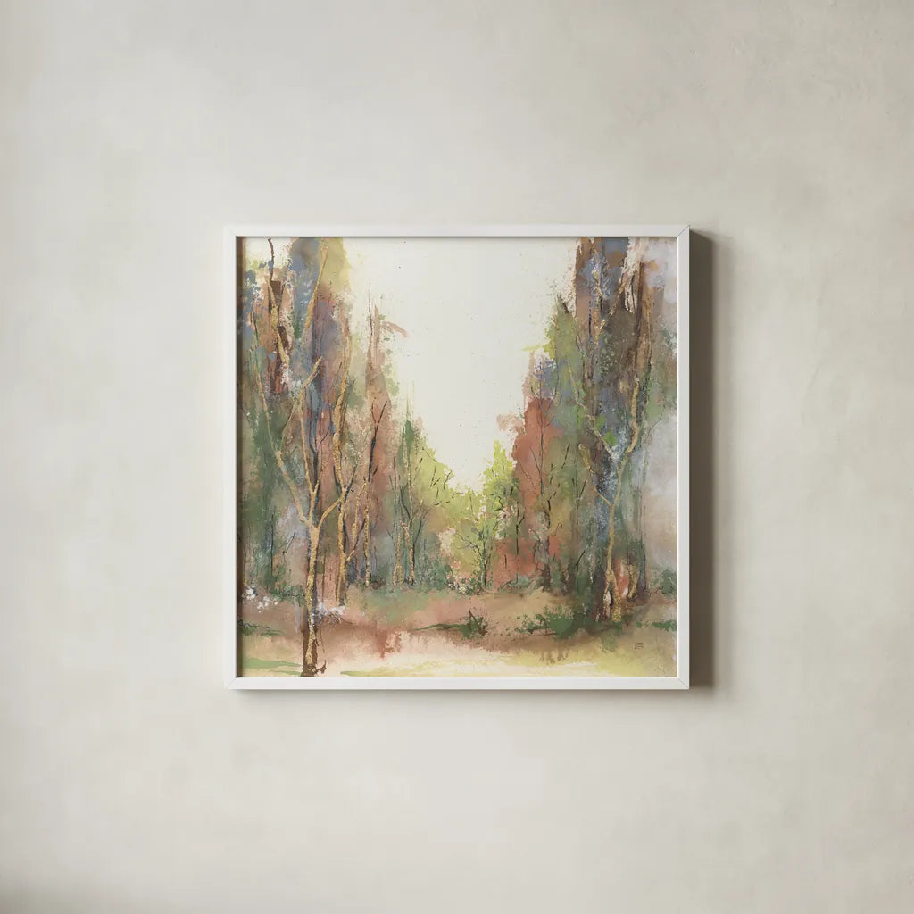 Gilded Path II by Chris Paschke. Shown in a crisp white glass frame for a clean and minimalist style. Available as an archival giclee rolled canvas, fine art paper, or poster print. SKU 90867a.