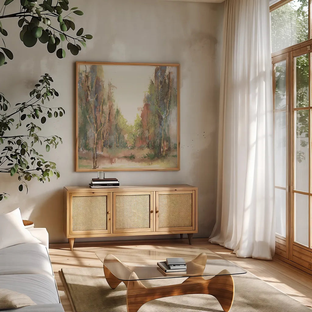 Gilded Path II by Chris Paschke. Shown in a natural wood frame in a cozy modern living room. Available as an archival giclee rolled canvas, fine art paper, or poster print. SKU 90867a.