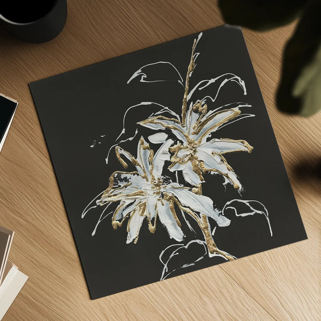 Gilded Poinsettias by Chris Paschke. Shown as a detailed flat fine art print, highlighting archival giclee quality. Available as an archival giclee rolled canvas, fine art paper, or poster print. SKU 26156a.
