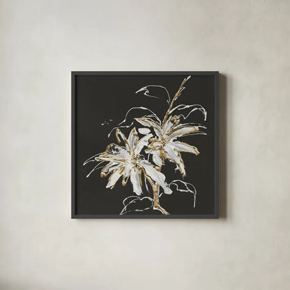 Gilded Poinsettias by Chris Paschke. Shown in a sleek black glass frame for a contemporary gallery look. Available as an archival giclee rolled canvas, fine art paper, or poster print. SKU 26156a.