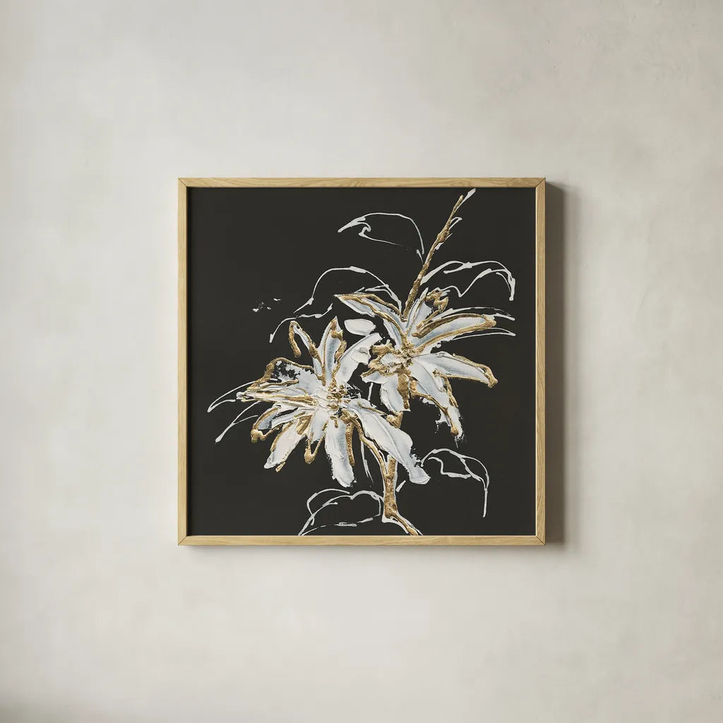 Gilded Poinsettias by Chris Paschke. Shown in a natural wood glass frame for a timeless modern aesthetic. Available as an archival giclee rolled canvas, fine art paper, or poster print. SKU 26156a.