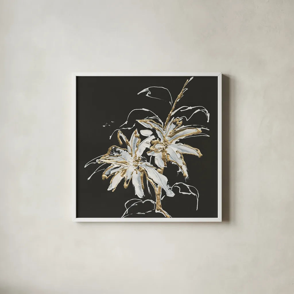 Gilded Poinsettias by Chris Paschke. Shown in a crisp white glass frame for a clean and minimalist style. Available as an archival giclee rolled canvas, fine art paper, or poster print. SKU 26156a.