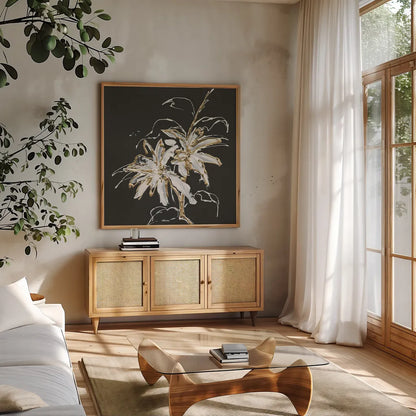 Gilded Poinsettias by Chris Paschke. Shown in a natural wood frame in a cozy modern living room. Available as an archival giclee rolled canvas, fine art paper, or poster print. SKU 26156a.