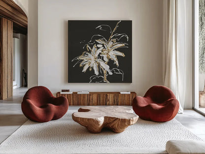 Gilded Poinsettias by Chris Paschke. Shown as extra-large giant wall art in a modern living room. Available as an archival giclee rolled canvas, fine art paper, or poster print. SKU 26156a.