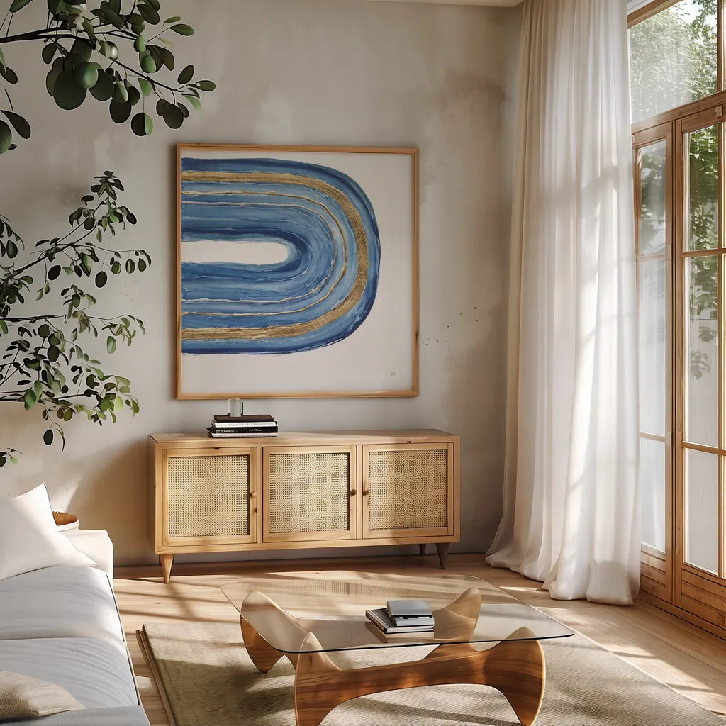 Gilded Rainbow II by Chris Paschke. Shown in a natural wood frame in a cozy modern living room. Available as an archival giclee rolled canvas, fine art paper, or poster print. SKU 68186a.