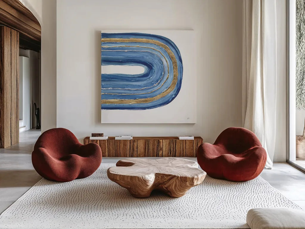 Gilded Rainbow II by Chris Paschke. Shown as extra-large giant wall art in a modern living room. Available as an archival giclee rolled canvas, fine art paper, or poster print. SKU 68186a.