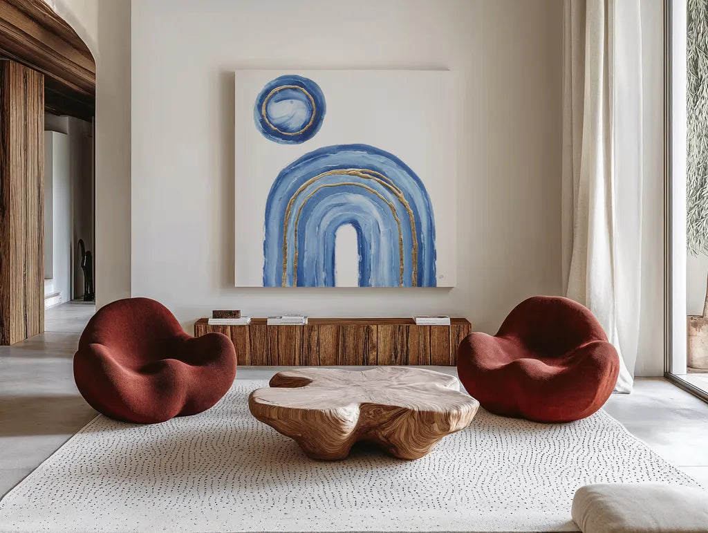 Gilded Rainbow III by Chris Paschke. Shown as extra-large giant wall art in a modern living room. Available as an archival giclee rolled canvas, fine art paper, or poster print. SKU 68187a.