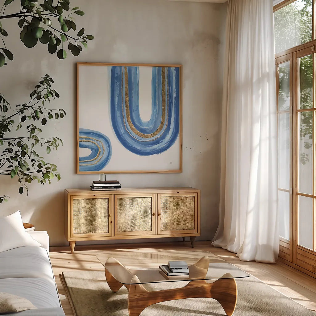 Gilded Rainbow IV by Chris Paschke. Shown in a natural wood frame in a cozy modern living room. Available as an archival giclee rolled canvas, fine art paper, or poster print. SKU 68188a.