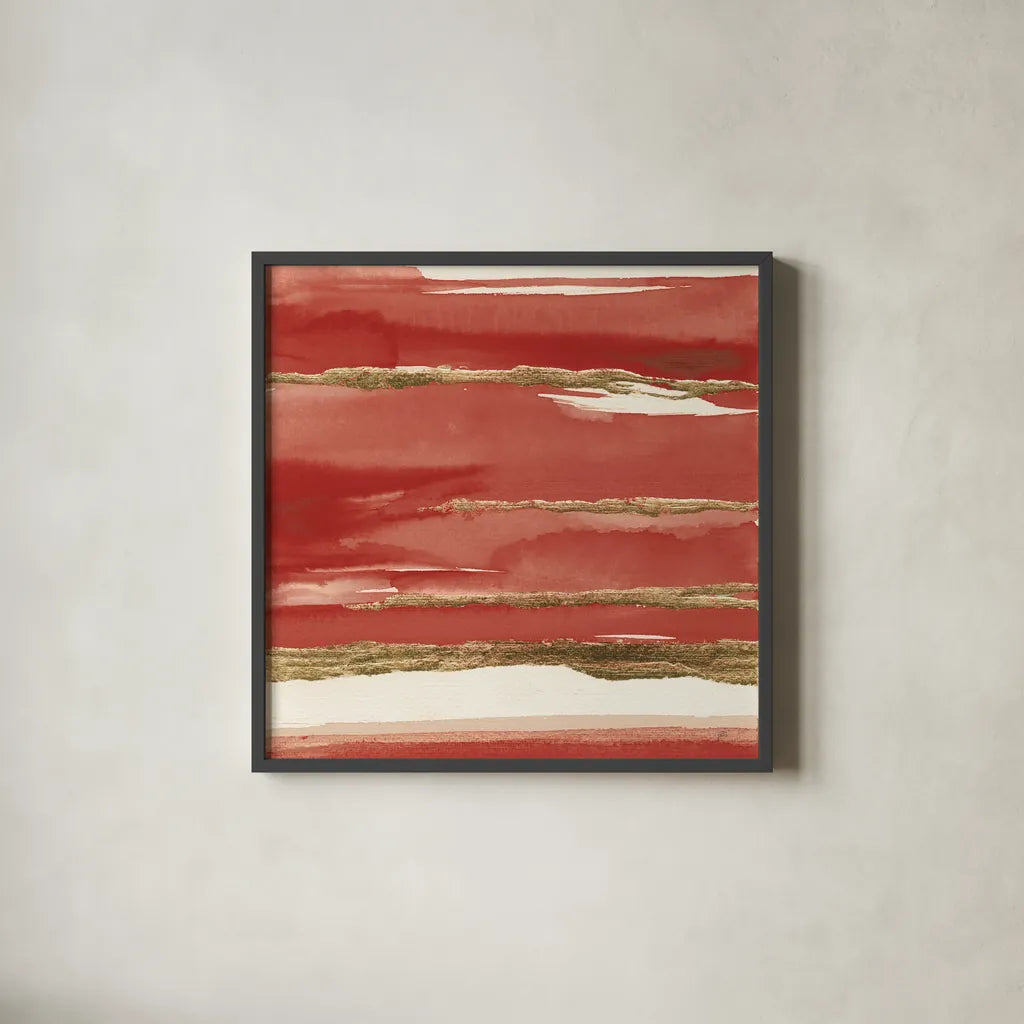 Gilded Red II by Chris Paschke. Shown in a sleek black glass frame for a contemporary gallery look. Available as an archival giclee rolled canvas, fine art paper, or poster print. SKU 55938a.
