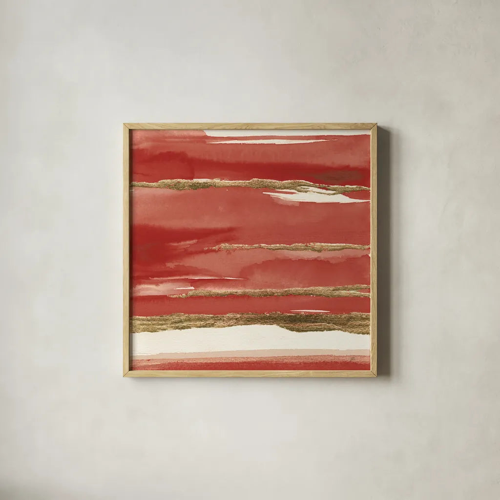 Gilded Red II by Chris Paschke. Shown in a natural wood glass frame for a timeless modern aesthetic. Available as an archival giclee rolled canvas, fine art paper, or poster print. SKU 55938a.