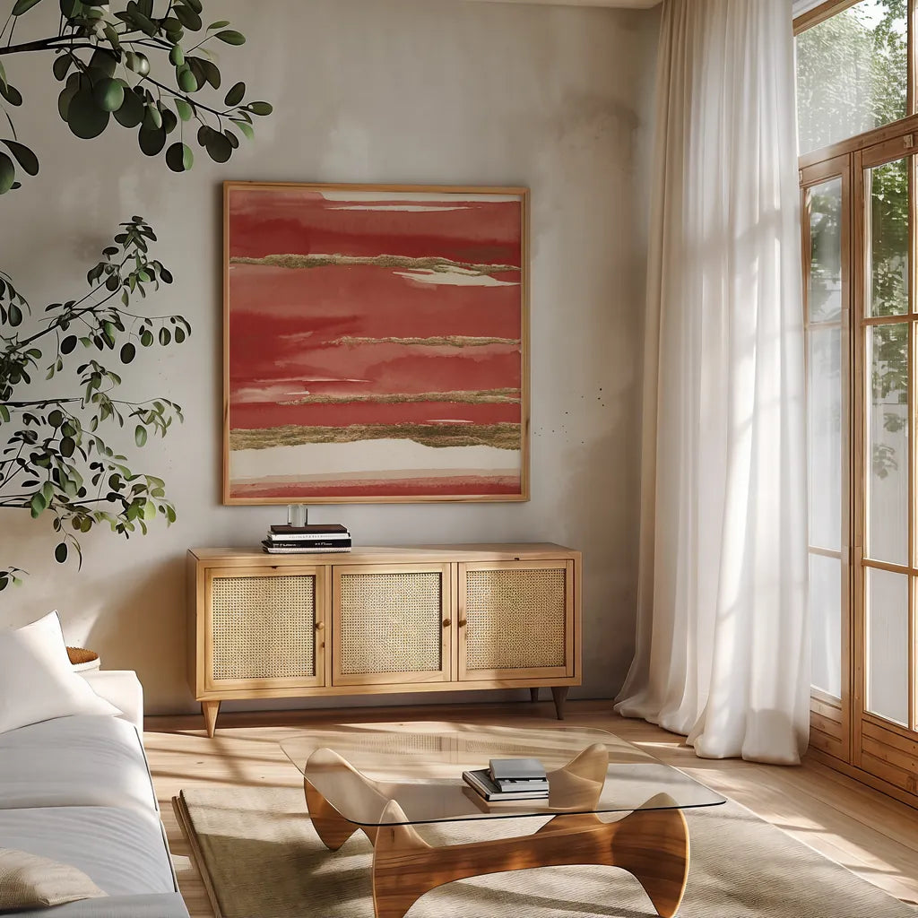 Gilded Red II by Chris Paschke. Shown in a natural wood frame in a cozy modern living room. Available as an archival giclee rolled canvas, fine art paper, or poster print. SKU 55938a.