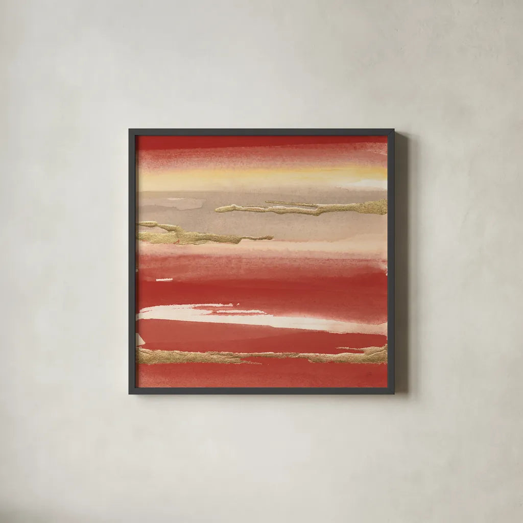 Gilded Red III by Chris Paschke. Shown in a sleek black glass frame for a contemporary gallery look. Available as an archival giclee rolled canvas, fine art paper, or poster print. SKU 55939a.