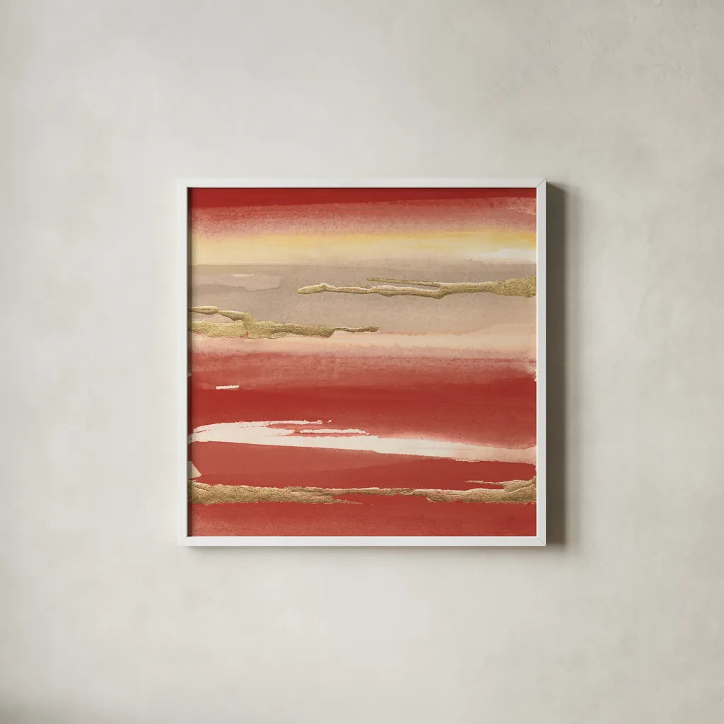 Gilded Red III by Chris Paschke. Shown in a crisp white glass frame for a clean and minimalist style. Available as an archival giclee rolled canvas, fine art paper, or poster print. SKU 55939a.