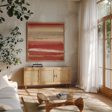 Gilded Red III by Chris Paschke. Shown in a natural wood frame in a cozy modern living room. Available as an archival giclee rolled canvas, fine art paper, or poster print. SKU 55939a.