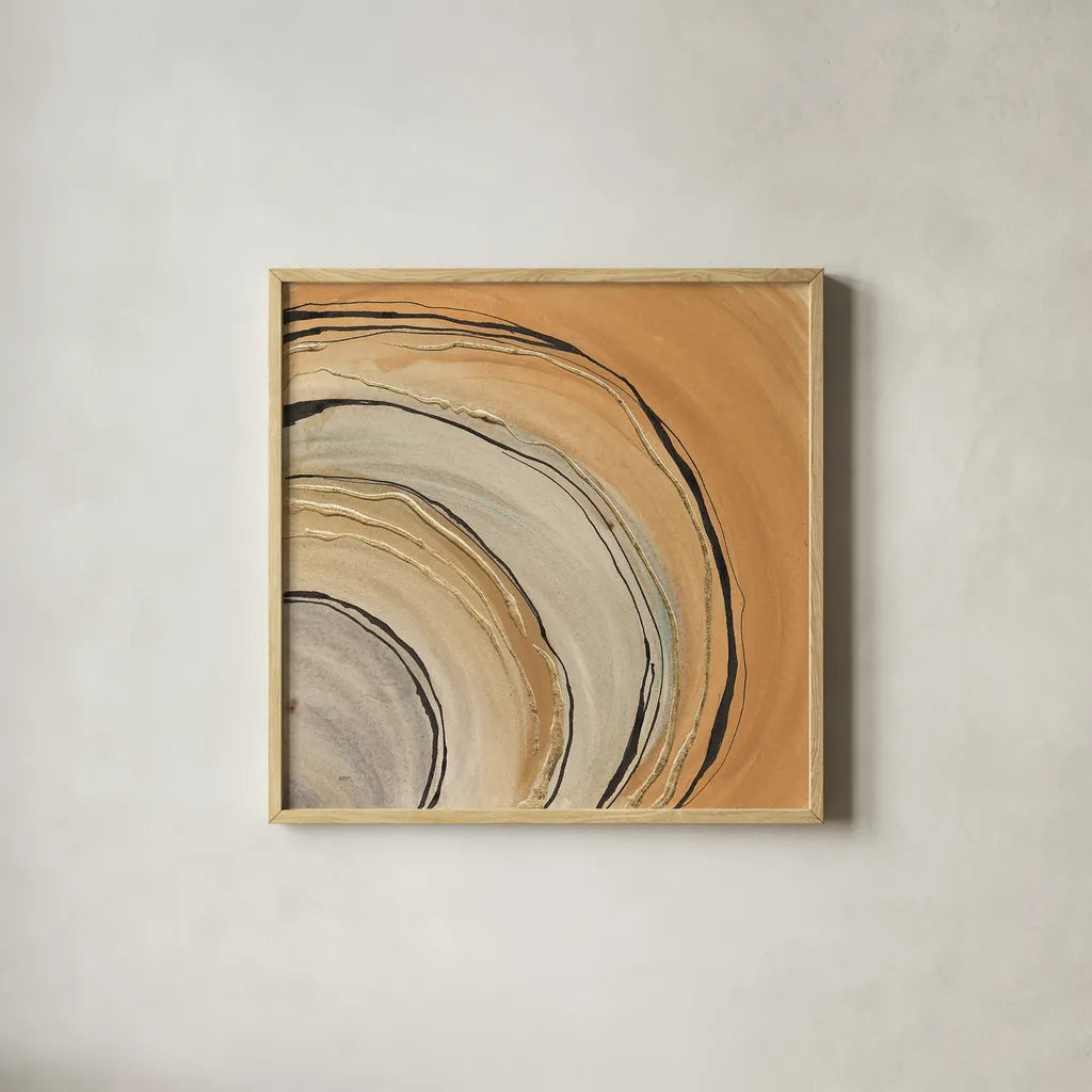 Gilded Rings by Chris Paschke. Shown in a natural wood glass frame for a timeless modern aesthetic. Available as an archival giclee rolled canvas, fine art paper, or poster print. SKU 26753a.