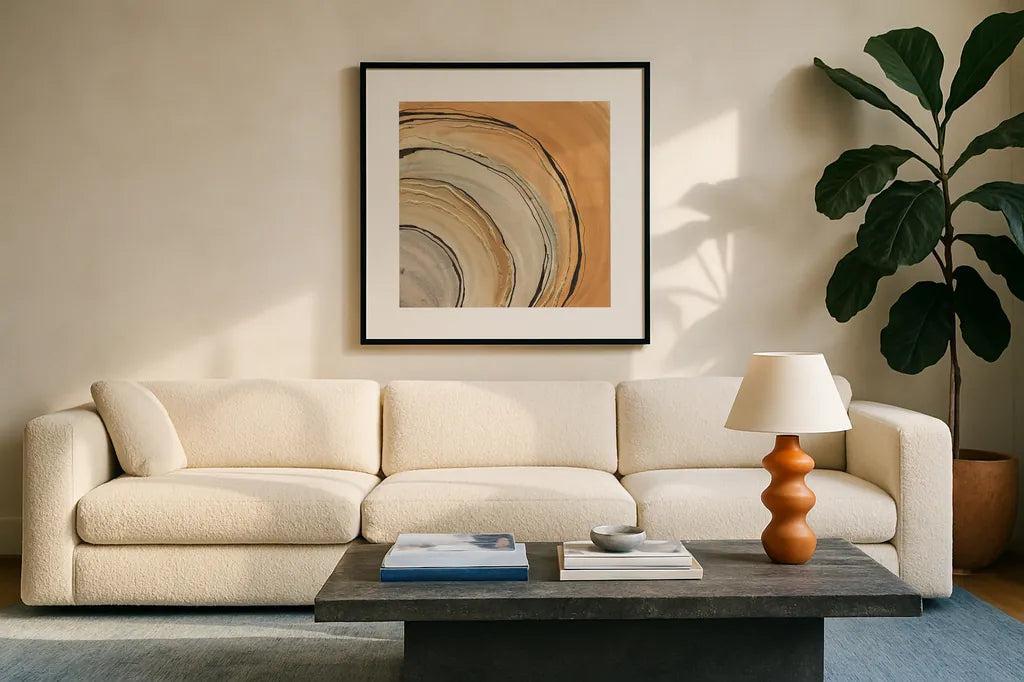 Gilded Rings by Chris Paschke. Displayed in a glass frame with matte in a clean modern living room. Available as an archival giclee rolled canvas, fine art paper, or poster print. SKU 26753a.