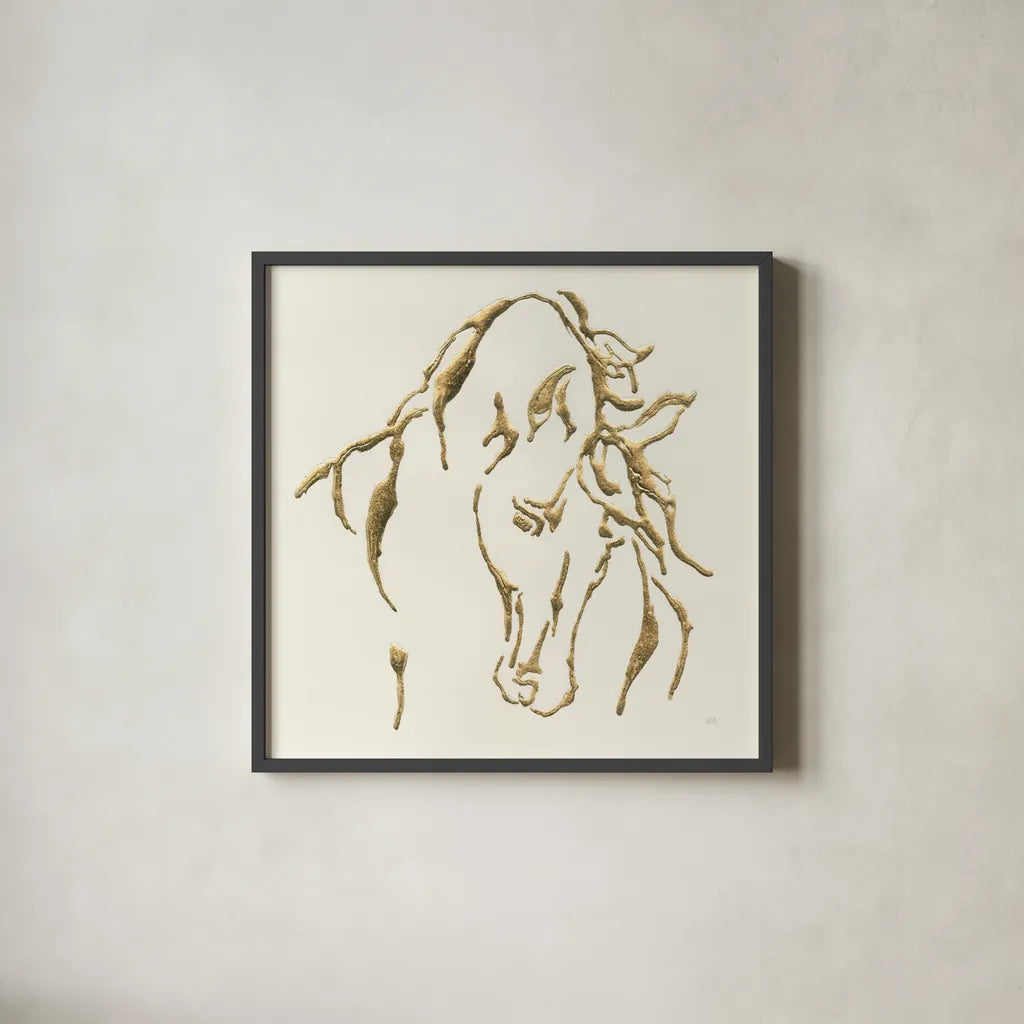 Gilded Stallion by Chris Paschke. Shown in a sleek black glass frame for a contemporary gallery look. Available as an archival giclee rolled canvas, fine art paper, or poster print. SKU 31777a.
