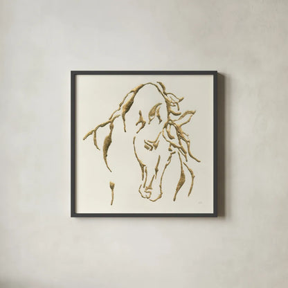 Gilded Stallion by Chris Paschke. Shown in a sleek black glass frame for a contemporary gallery look. Available as an archival giclee rolled canvas, fine art paper, or poster print. SKU 31777a.