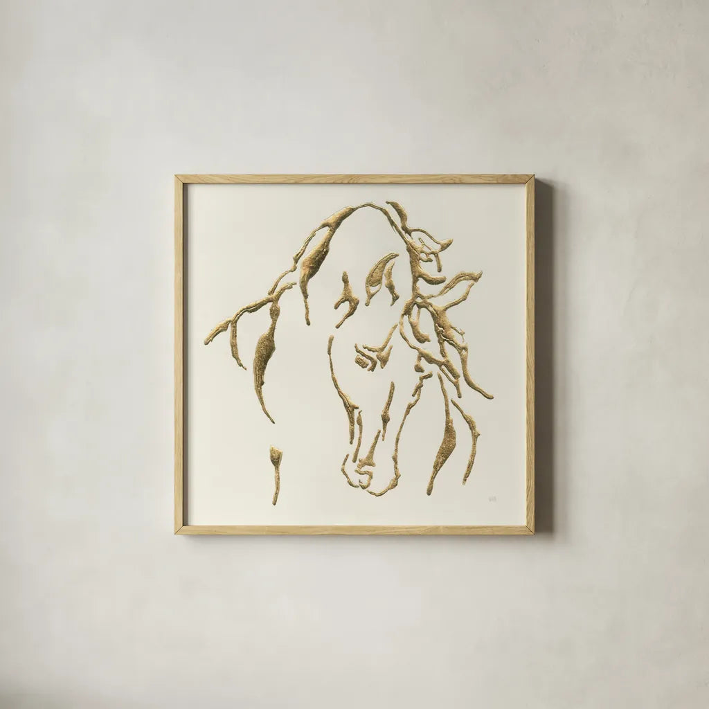 Gilded Stallion by Chris Paschke. Shown in a natural wood glass frame for a timeless modern aesthetic. Available as an archival giclee rolled canvas, fine art paper, or poster print. SKU 31777a.